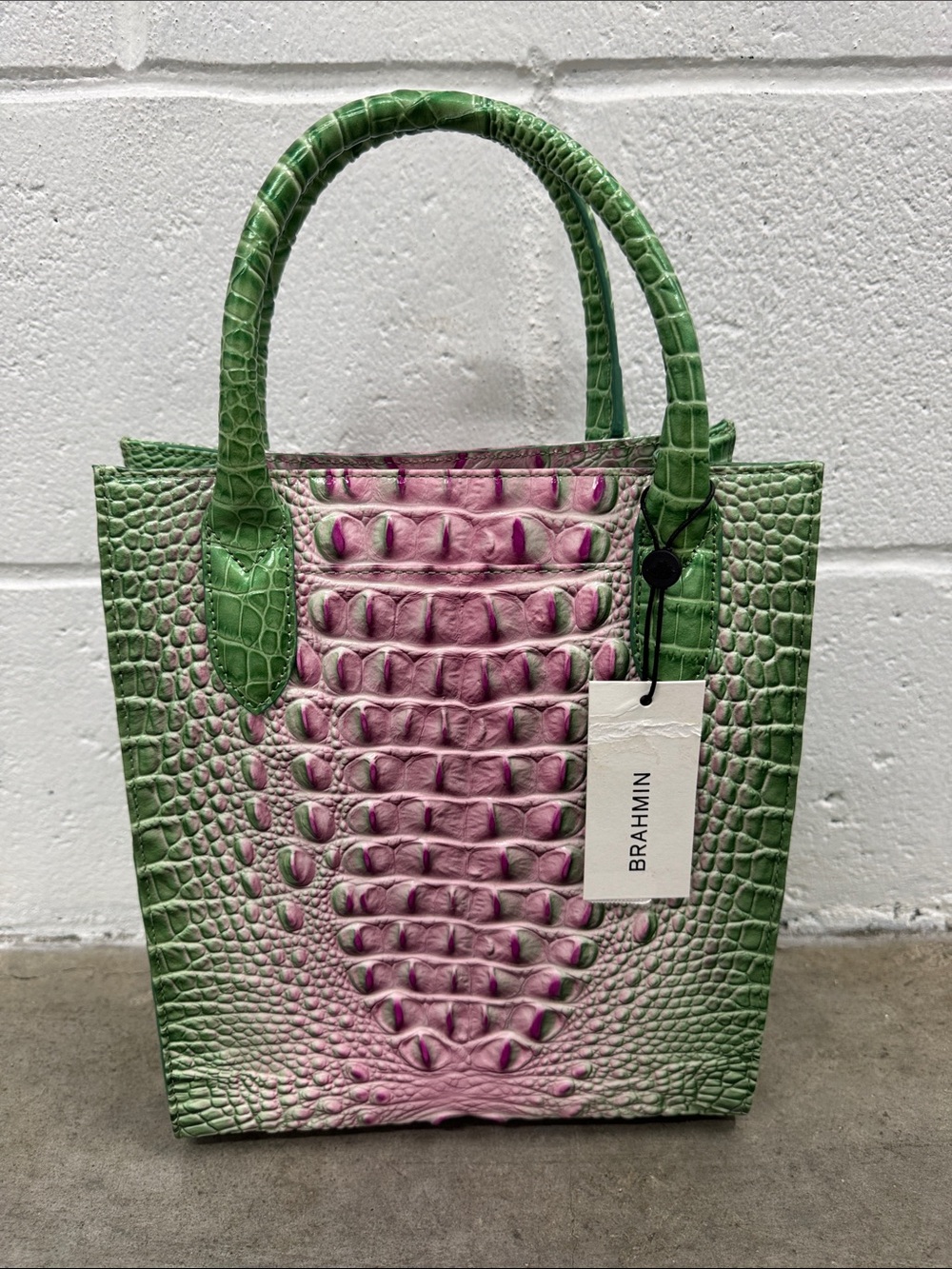 Brahmin “Moira Apple Blush” Green and Pink Croc-Embossed Leather Tote